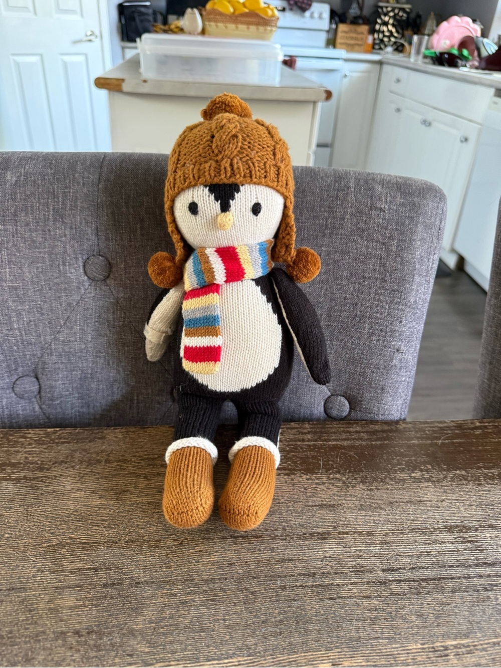 Handmade Plush Penguin with Brown Knit Hat and Multicolor Scarf